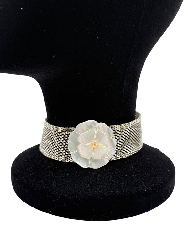 CHANEL Camellia with mesh silver choker collar.