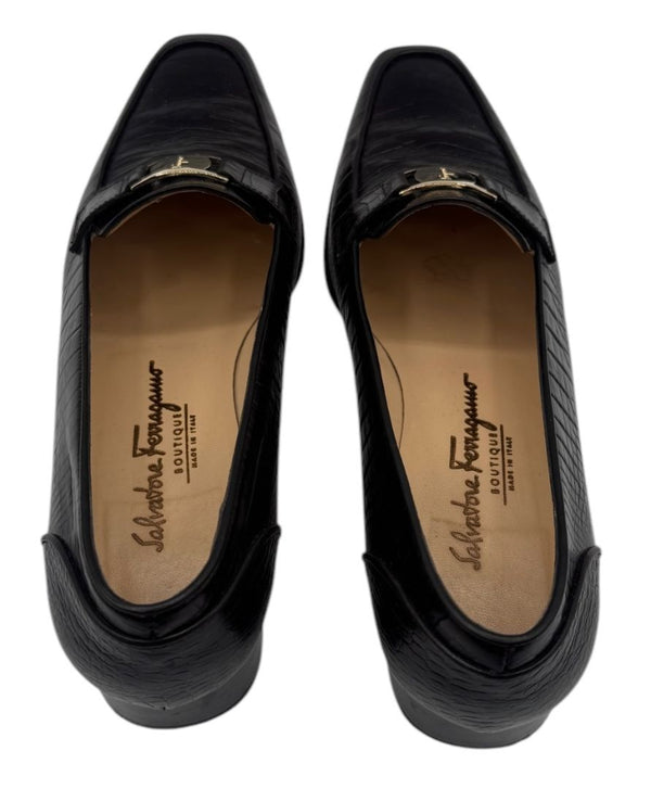 Salvatore Ferragamo Black Croc-Embossed Leather Loafers with Gold Gancini – Size 10.5 B (Made in Italy)