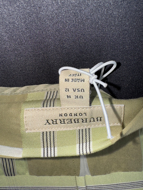 Burberry Matcha Green & Beige Plaid Cotton & Silk Pleated Skirt - Size US 12