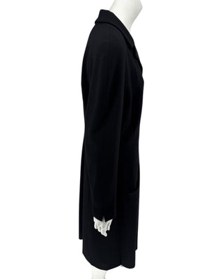 Chanel F/W 02 Long Black Wool Jacket Pearl Buttons - Size 44