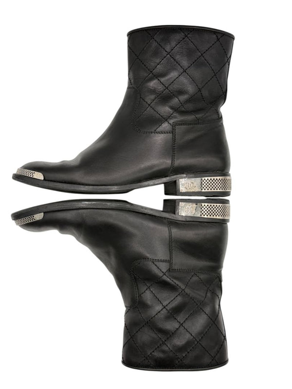 Chanel Quilted Leather Ankle Boots with Silver-Tone Hardware – Size 41