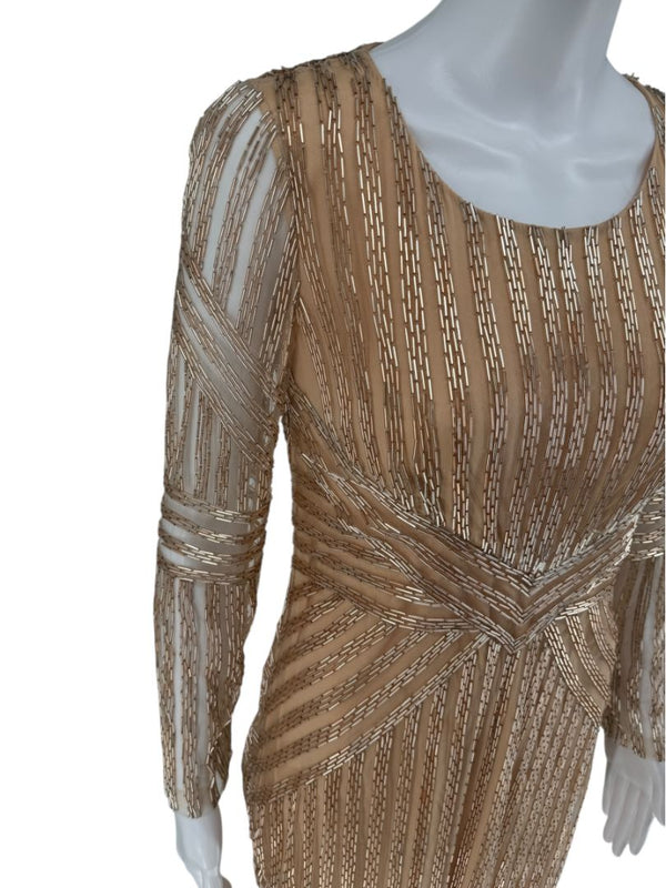 Pamella Roland Gold Beaded Illusion Mesh Evening Dress – Size 4
