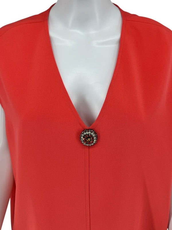 Pamella Roland Sleeveless Shift Dress in Coral with Beaded Brooch Detail