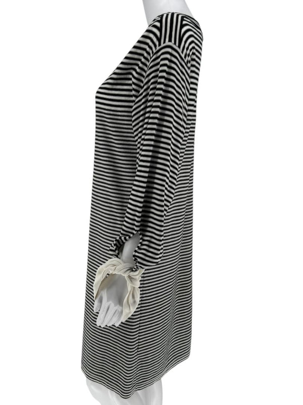 Chloé Black & White Striped Cotton Dress with Cuffed Tie Sleeves - Small