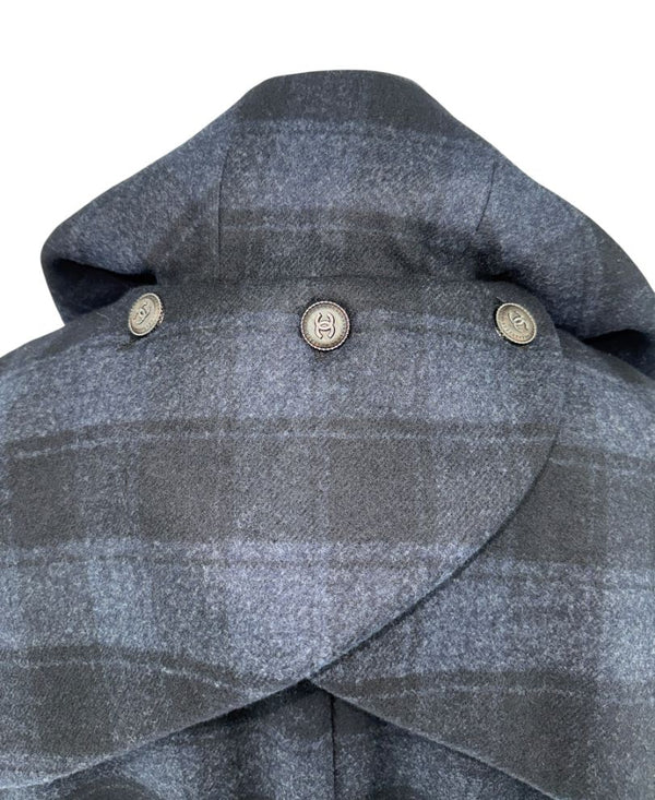 Chanel Navy & Black Plaid Wool Hooded Cape with Logo Buttons – Size FR 44 - *RARE*