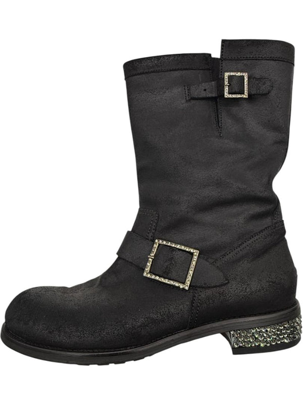 Jimmy Choo Black Suede Buckle Boots with Crystal Heels – Size 39.5