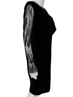 Pamella Roland Black Embellished Mesh Sleeve Cocktail Dress – Large