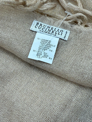 Brunello Cucinelli Beige Cashmere & Silk Fringed Scarf – 45" x 45"