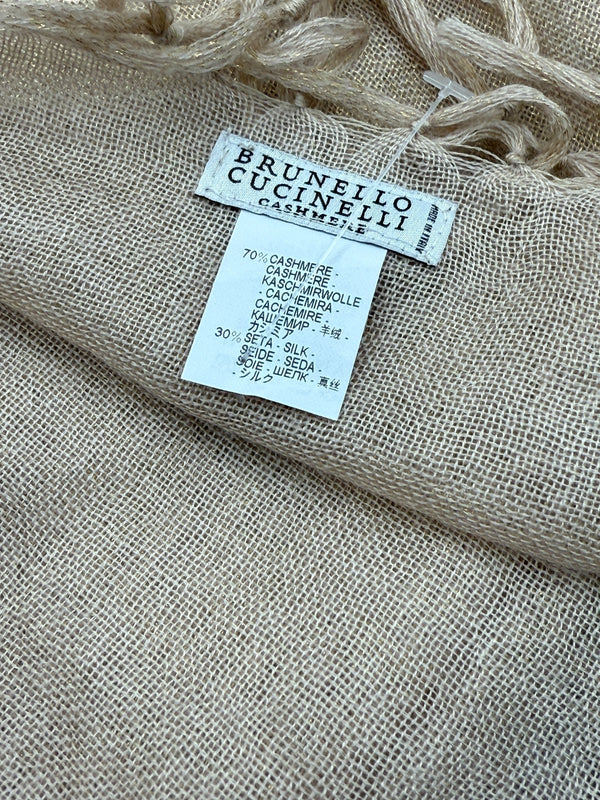Brunello Cucinelli Beige Cashmere & Silk Fringed Scarf – 45" x 45"