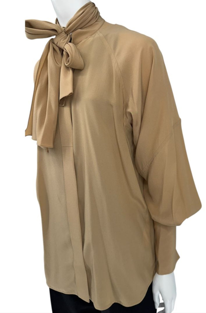 Victoria Beckham Camel Silk Tie-Neck Blouse – Size US 6- NWT