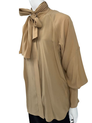 Victoria Beckham Camel Silk Tie-Neck Blouse – Size US 6- NWT