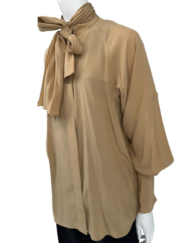 Victoria Beckham Camel Silk Tie-Neck Blouse – Size US 6- NWT