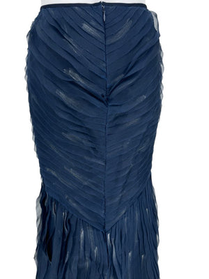 Pamella Roland Navy Textured & Hand Painted Chiffon Tiered Mermaid Skirt –