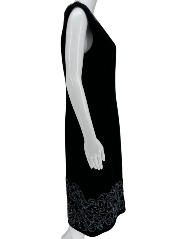 Pamella Roland Black Sleeveless Sheath Dress with Beaded Scroll Embellishment – Large