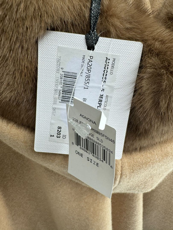 Agnona Camel Cashmere Cape with Fur Trim & Hood – One Size- NEW