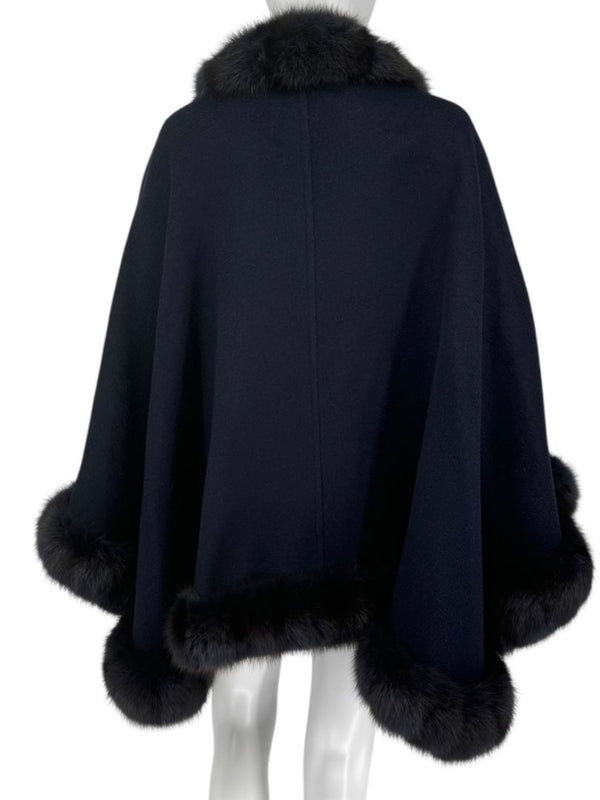Pamella Roland Navy Cashmere Blend Cape with Genuine Fur Trim - One Size