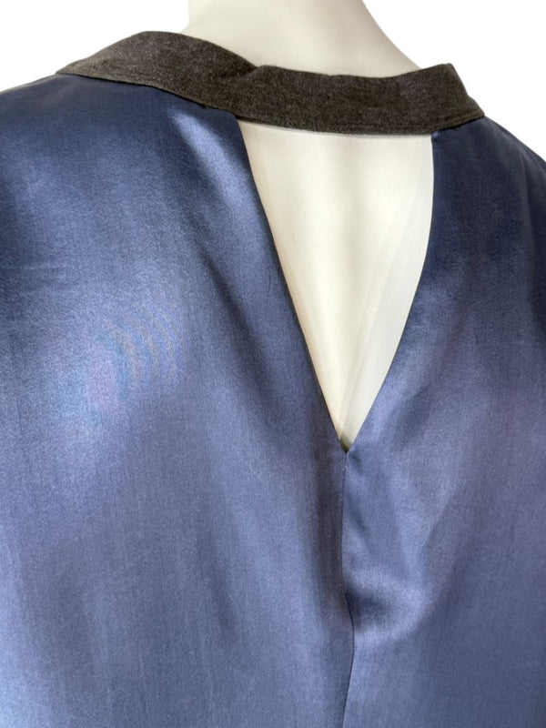 Brunello Cucinelli Navy Silk Shift Dress with Contrast Trim – Size XL- NEW