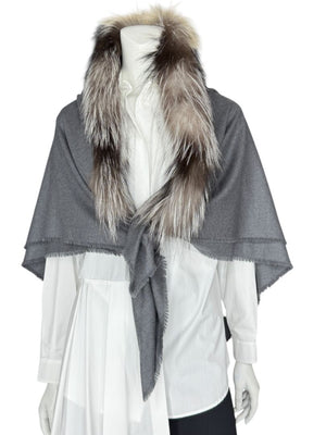 Agnona Grey Wool Shawl with Silver Fox Fur Collar – One Size