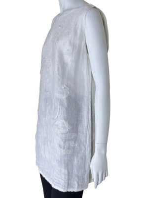 Fendi White Linen Sleeveless Tunic with Textured Floral Appliqué – Size L