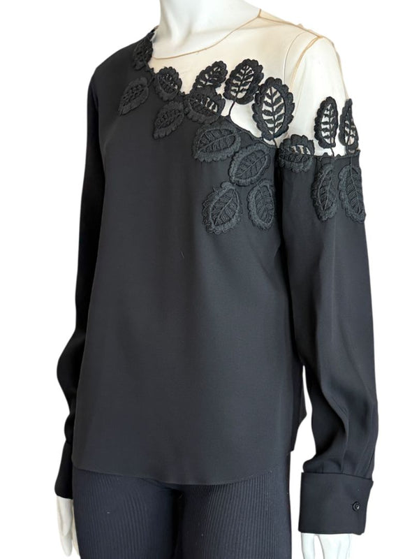 Oscar de la Renta Resort 2019 Black Silk Embroidered Illusion Neck Blouse – Size 8 - NWT