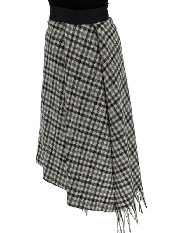 Brunello Cucinelli Black & Ivory Checked Wool Skirt with Fringe Hem – Size IT 44 (US 8)