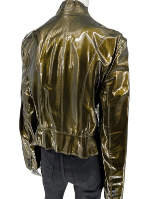 Burberry London Metallic Olive Green Leather Jacket – Size UK 12 / US 10