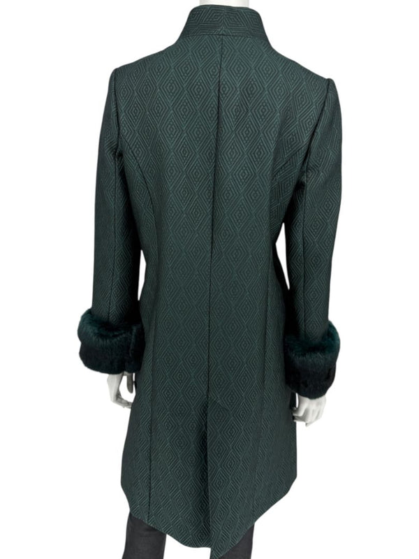 Pamella Roland Emerald Green Jacquard Coat with Fur-Trimmed Sleeves – Large