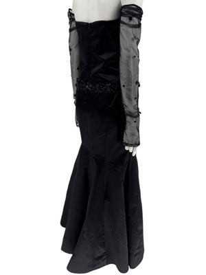 Pamella Roland Black Strapless Evening Dress Embellished Waist Sheer Sleeve Formal Gown - Size 6