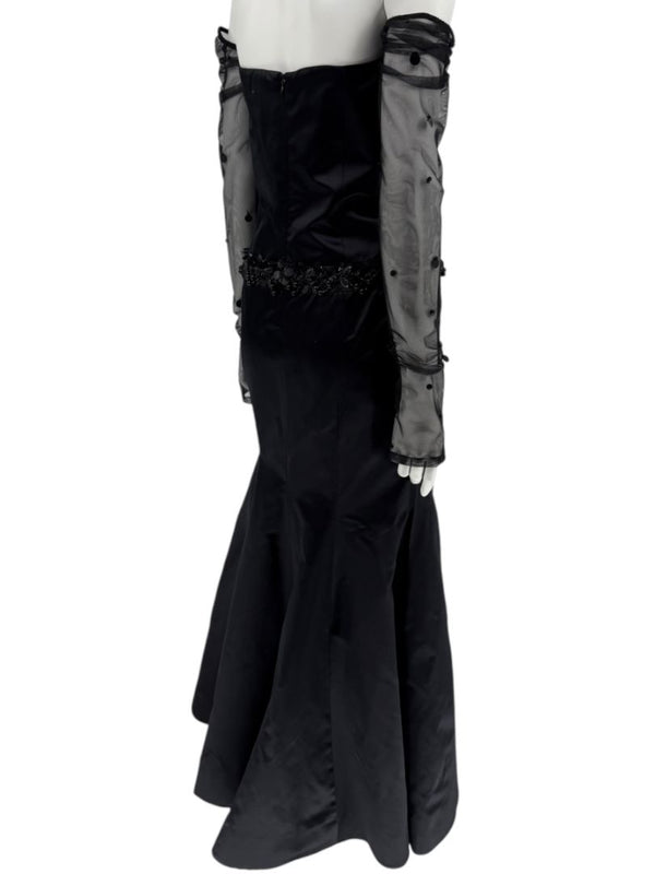 Pamella Roland Black Strapless Evening Dress Embellished Waist Sheer Sleeve Formal Gown - Size 6