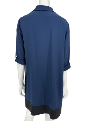 Akris Punto Navy Blue Viscose Acetate Tunic Dress Black Hem Roll Tab Sleeve - US 10