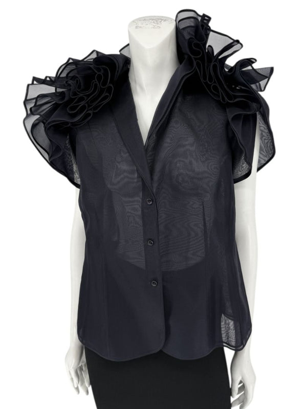 Féraud Paris Navy Silk Organza Ruffle Blouse – FR 44 - NWT