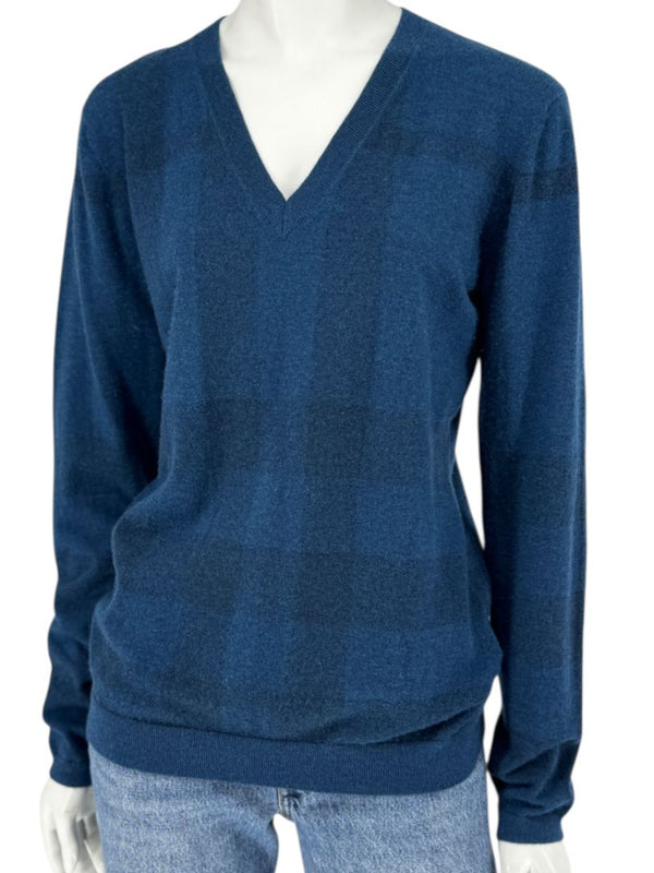 Burberry London Blue V-Neck Cashmere Sweater – Size XL