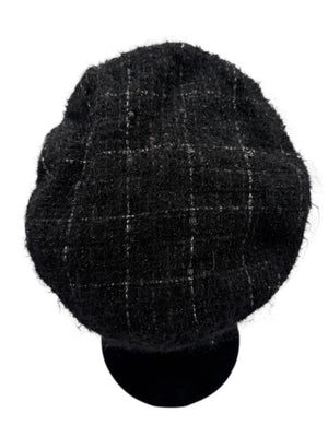 CHANEL Black Tweed Newsboy Cap with Signature Chain Trim