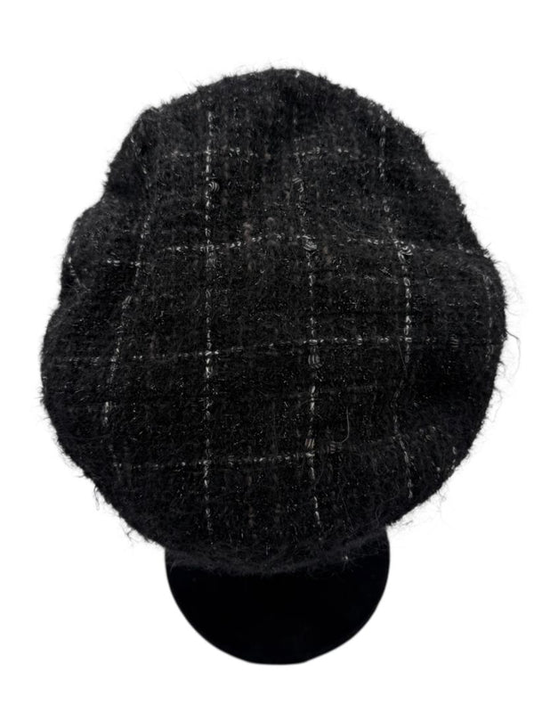 CHANEL Black Tweed Newsboy Cap with Signature Chain Trim