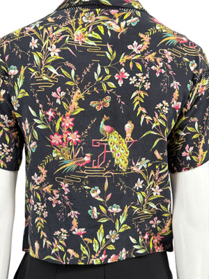 Vivienne Tam Black Floral & Peacock Print Mesh-Trim Top – Size 0