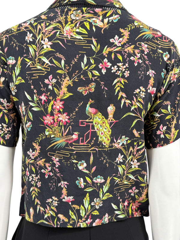 Vivienne Tam Black Floral & Peacock Print Mesh-Trim Top – Size 0