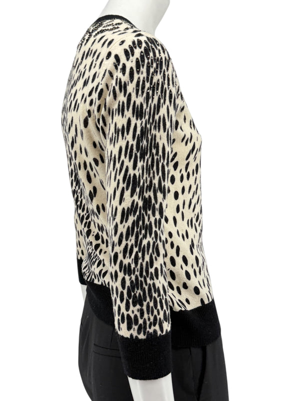DKNY Cream & Black Leopard-Print Beaded Cardigan – Size: Small