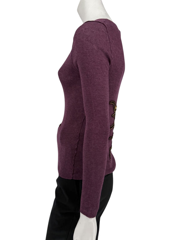 Roberto Cavalli Eggplant Cardigan with Beaded Oversized Sun Accents – Size: S