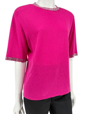 Neiman Marcus Cashmere Collection Fuchsia Embellished Short-Sleeve Sweater – Size XL