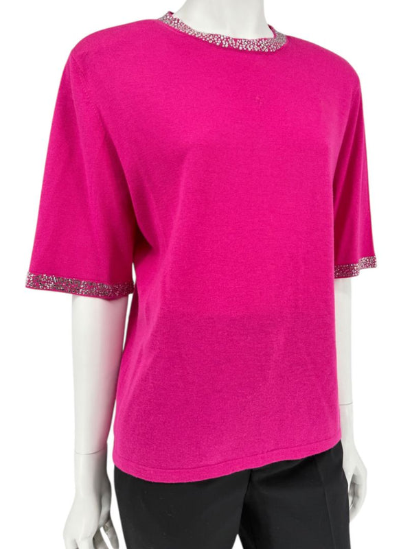 Neiman Marcus Cashmere Collection Fuchsia Embellished Short-Sleeve Sweater – Size XL