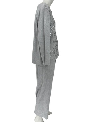 Joan Vass Gray Sequin-Embellished Knit Top & Pant Set – Size XL