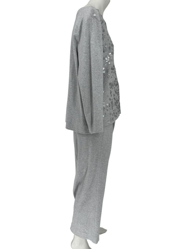 Joan Vass Gray Sequin-Embellished Knit Top & Pant Set – Size XL