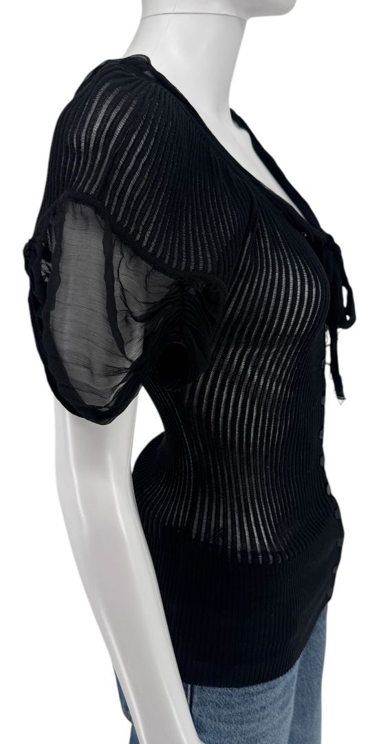 Jean Paul Gaultier Black Ribbed Sheer Top with Puff Sleeves - S