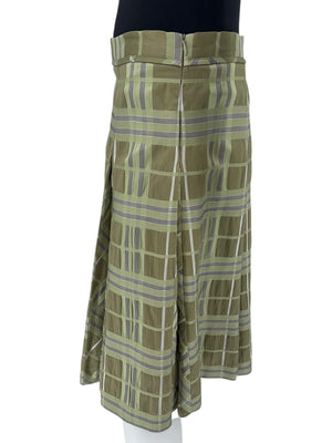 Burberry Matcha Green & Beige Plaid Cotton & Silk Pleated Skirt - Size US 12