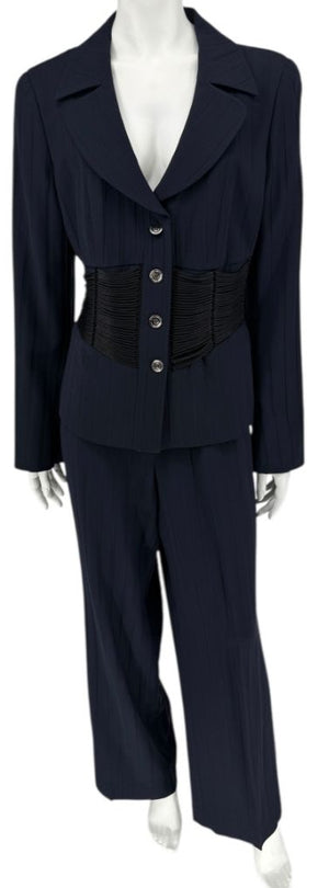 Armani Collezioni Navy Pinstripe Pantsuit with Corset-Style Waist Trim – Size IT 48