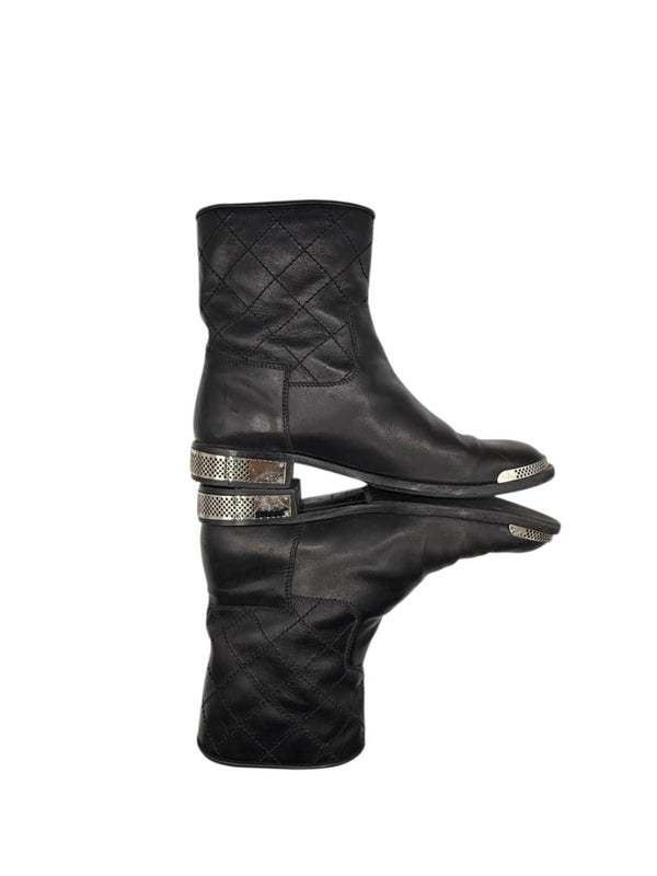 Chanel Quilted Leather Ankle Boots with Silver-Tone Hardware – Size 41
