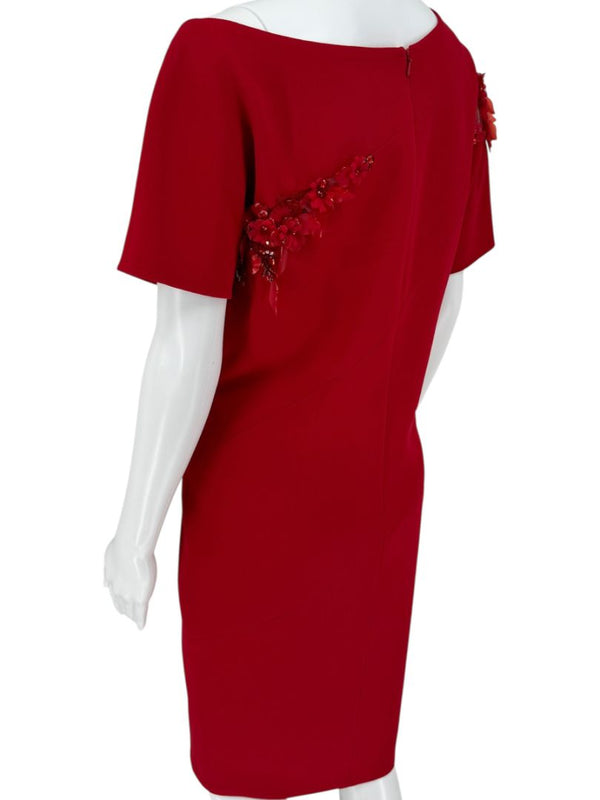 Pamella Roland Red Asymmetrical Floral Embellished Sheath Dress