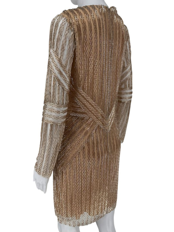 Pamella Roland Gold Beaded Illusion Mesh Evening Dress – Size 4