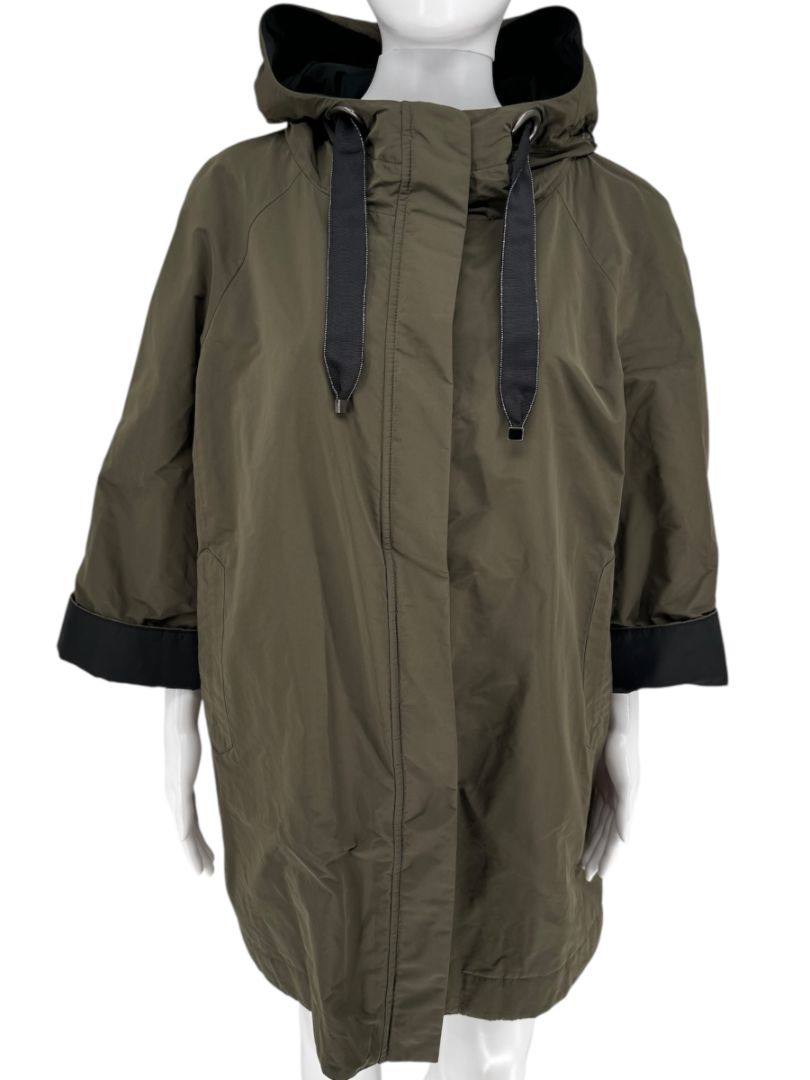 Brunello Cucinelli Olive Nylon Hooded Parka with Monili Trim - Size 10