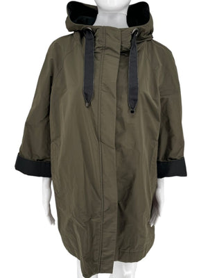 Brunello Cucinelli Olive Nylon Hooded Parka with Monili Trim - Size 10